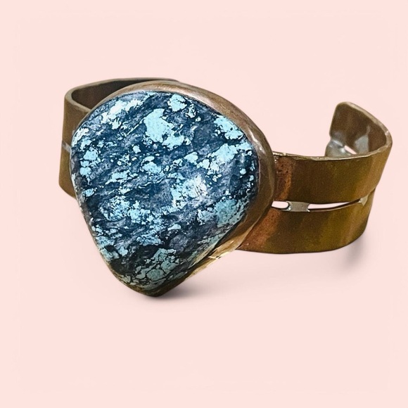 Copper Silver Rough Soldiered Cuff Bracelet Turquoise Stone